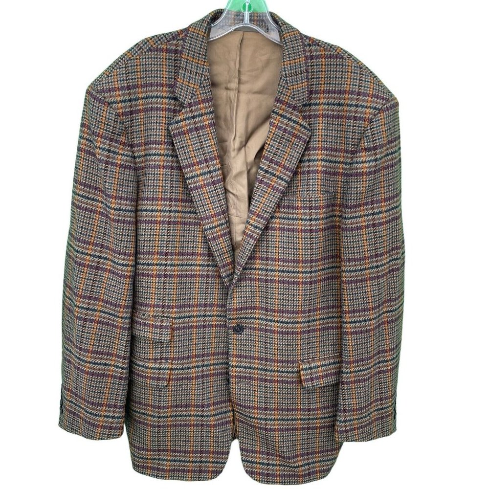 Vintage Mulberry England Brown Glen Plaid Wool Cashmere Sport Coat Mens US 42